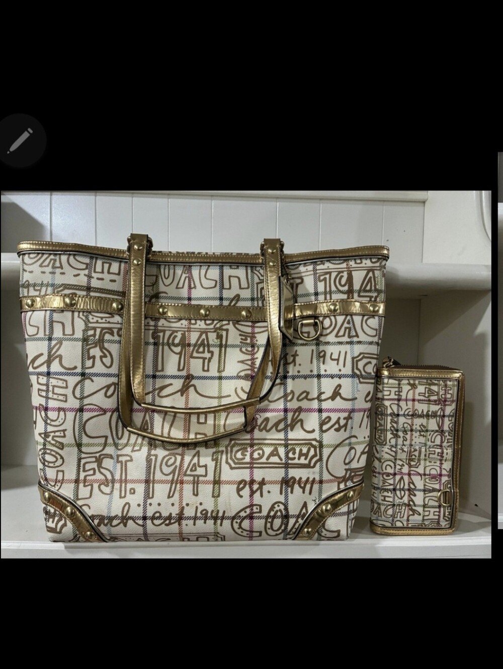 Vintage Coach Heritage Tattersall Graffiti Gold Leather Tote Bag + Wallet